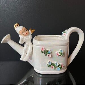 Lefton ESD Winking Pixie Elf Lustre Watering Can Plant Holder Pencil Holder Gift